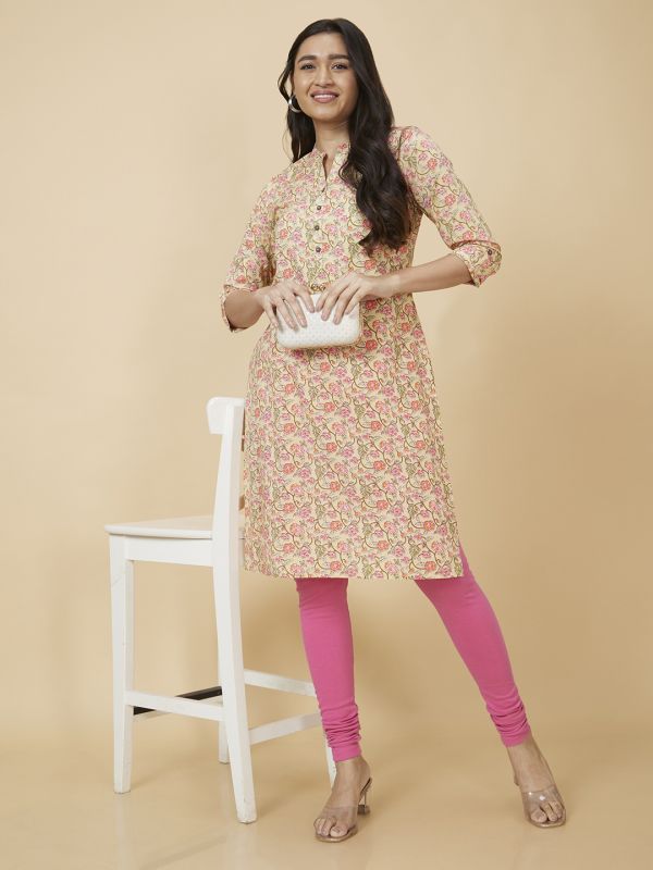 Globus Women Yellow Printed Straight Kurta