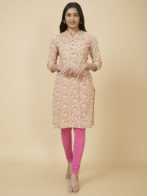 Globus Women Yellow Printed Straight Kurta