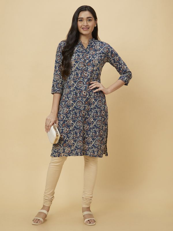 Globus Women Blue Printed Straight Kurta