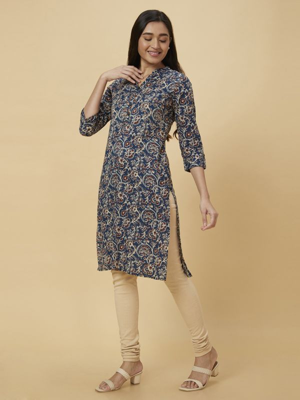 Globus Women Blue Printed Straight Kurta