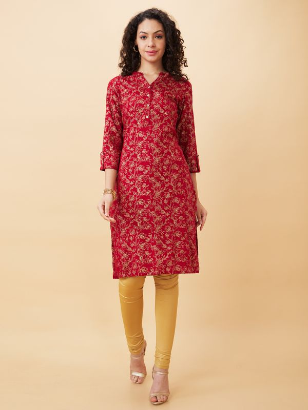 Globus Women Red Printed Mandarin Collar Straight Kurta