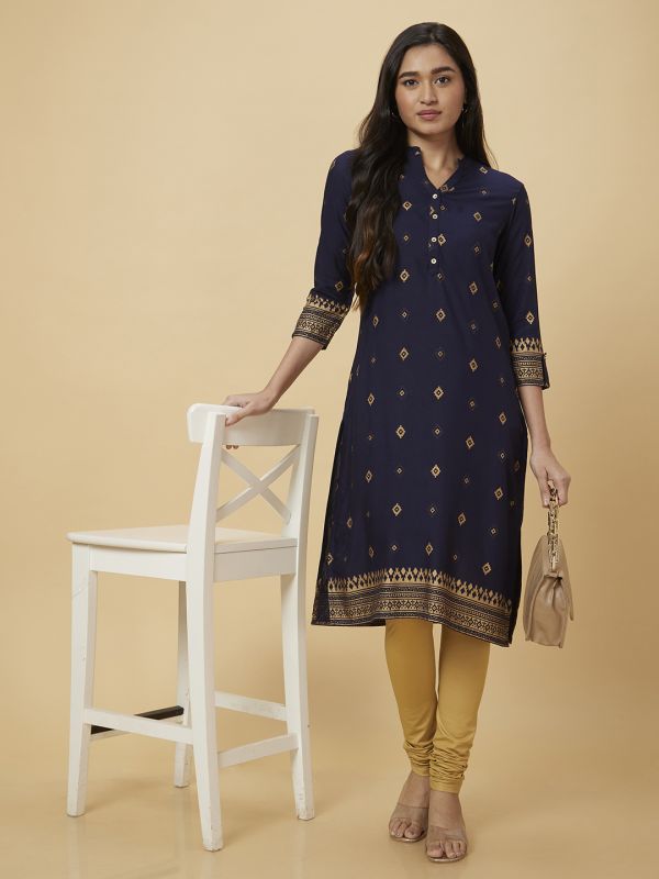 Globus Women Navy Blue Printed Straight Kurta