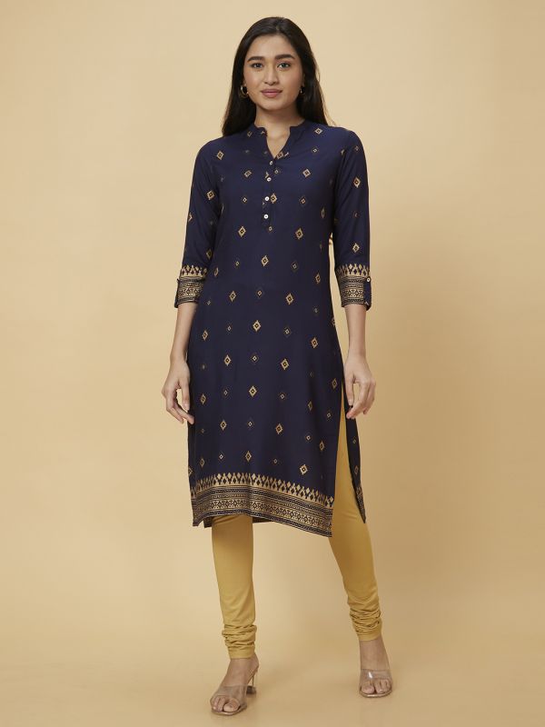 Globus Women Navy Blue Printed Straight Kurta