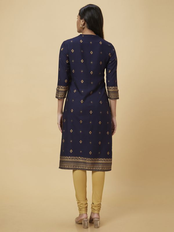 Globus Women Navy Blue Printed Straight Kurta