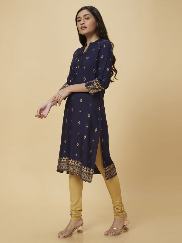 Globus Women Navy Blue Printed Straight Kurta