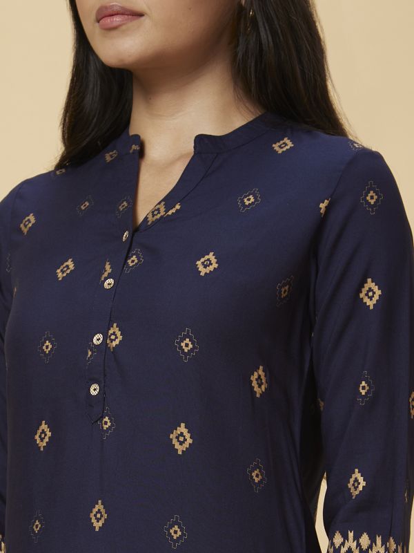 Globus Women Navy Blue Printed Straight Kurta