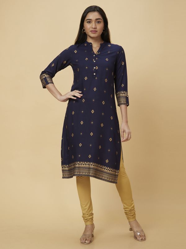 Globus Women Navy Blue Printed Straight Kurta