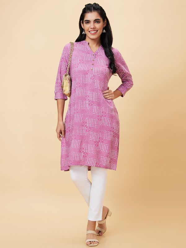 Globus Women Mauve Printed Mandarin Collar Straight Kurta