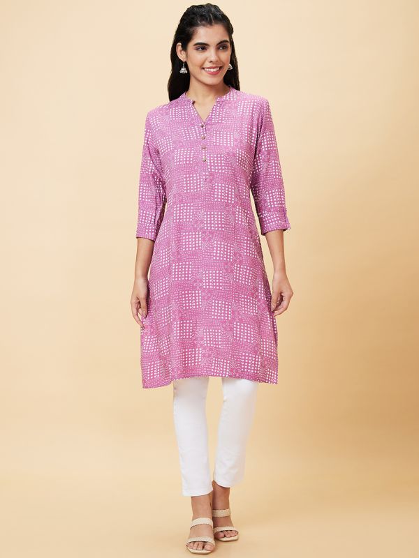 Globus Women Mauve Printed Mandarin Collar Straight Kurta