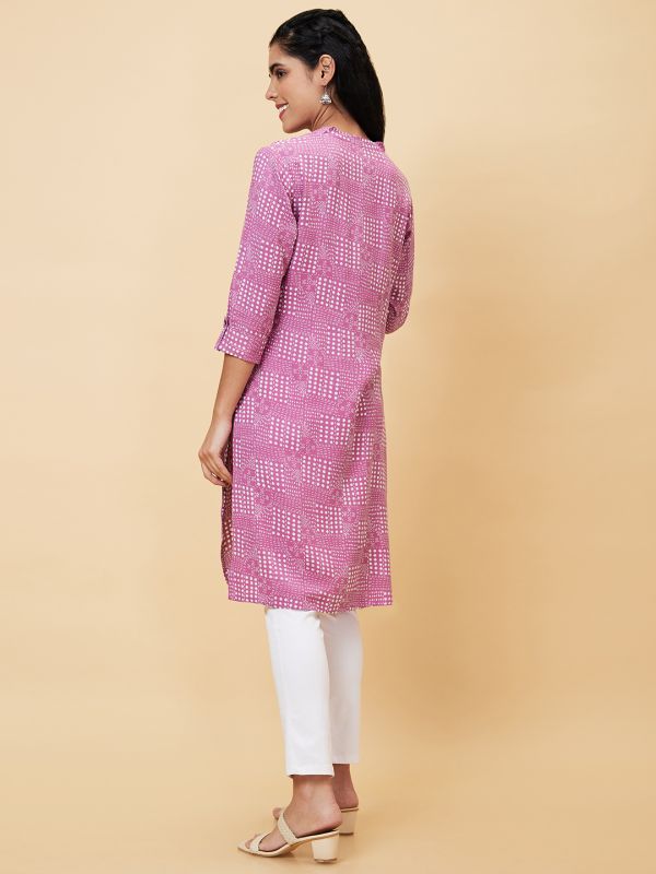 Globus Women Mauve Printed Mandarin Collar Straight Kurta