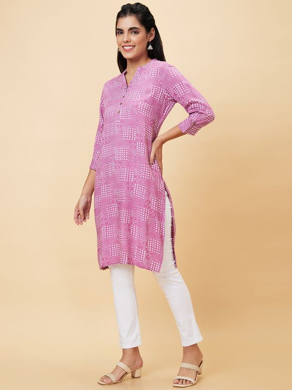 Globus Women Mauve Printed Mandarin Collar Straight Kurta