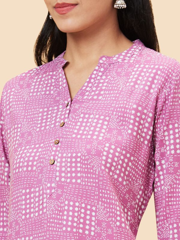 Globus Women Mauve Printed Mandarin Collar Straight Kurta