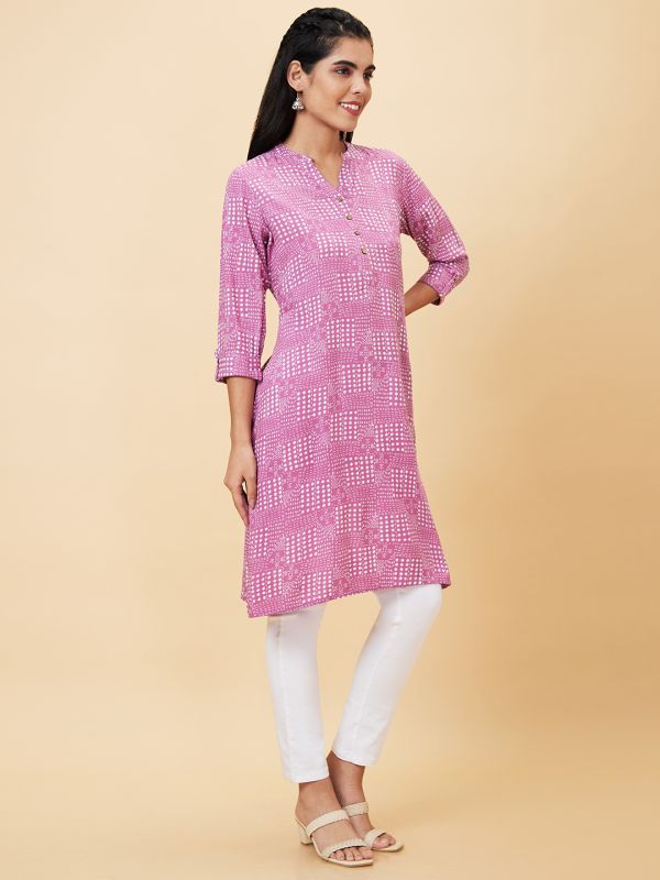 Globus Women Mauve Printed Mandarin Collar Straight Kurta