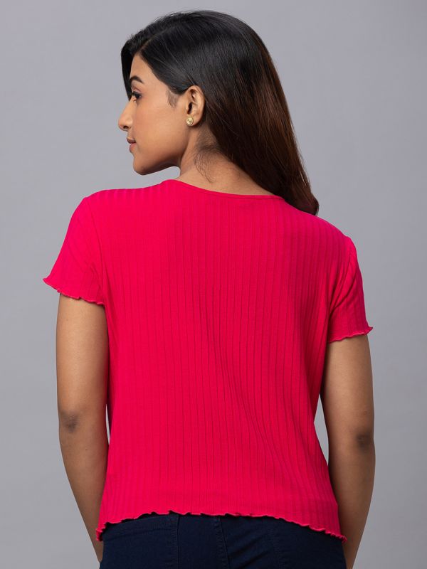 Globus Women Red Solid Round Neck Casual Regular Fit Crop Tshirt