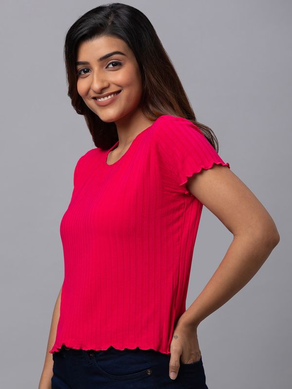 Globus Women Red Solid Round Neck Casual Regular Fit Crop Tshirt
