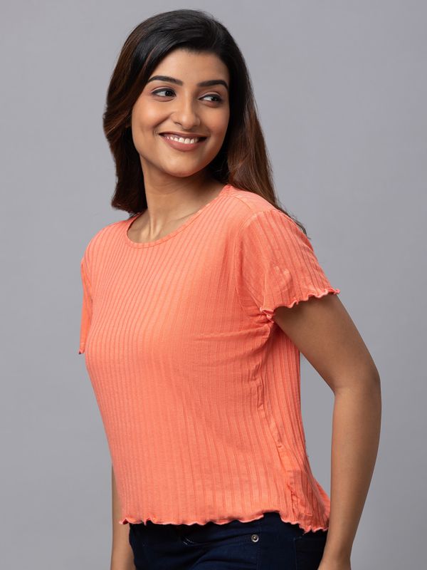 Globus Women Coral Solid Round Neck Casual Regular Fit Crop Tshirt