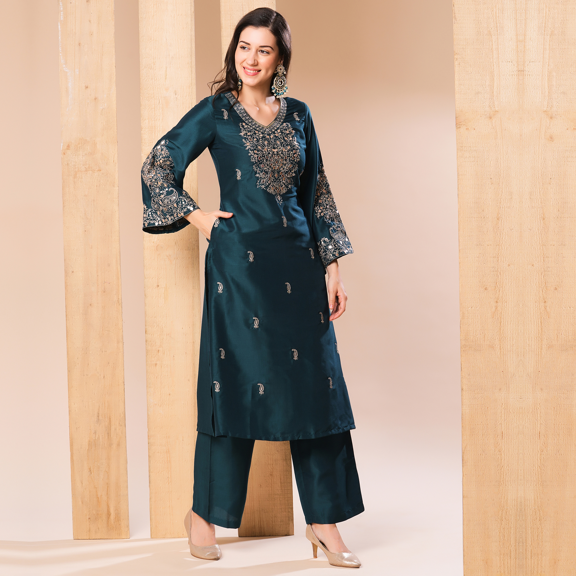 Globus Women Teal Allover Embroidered A-Line Kurta With Pants