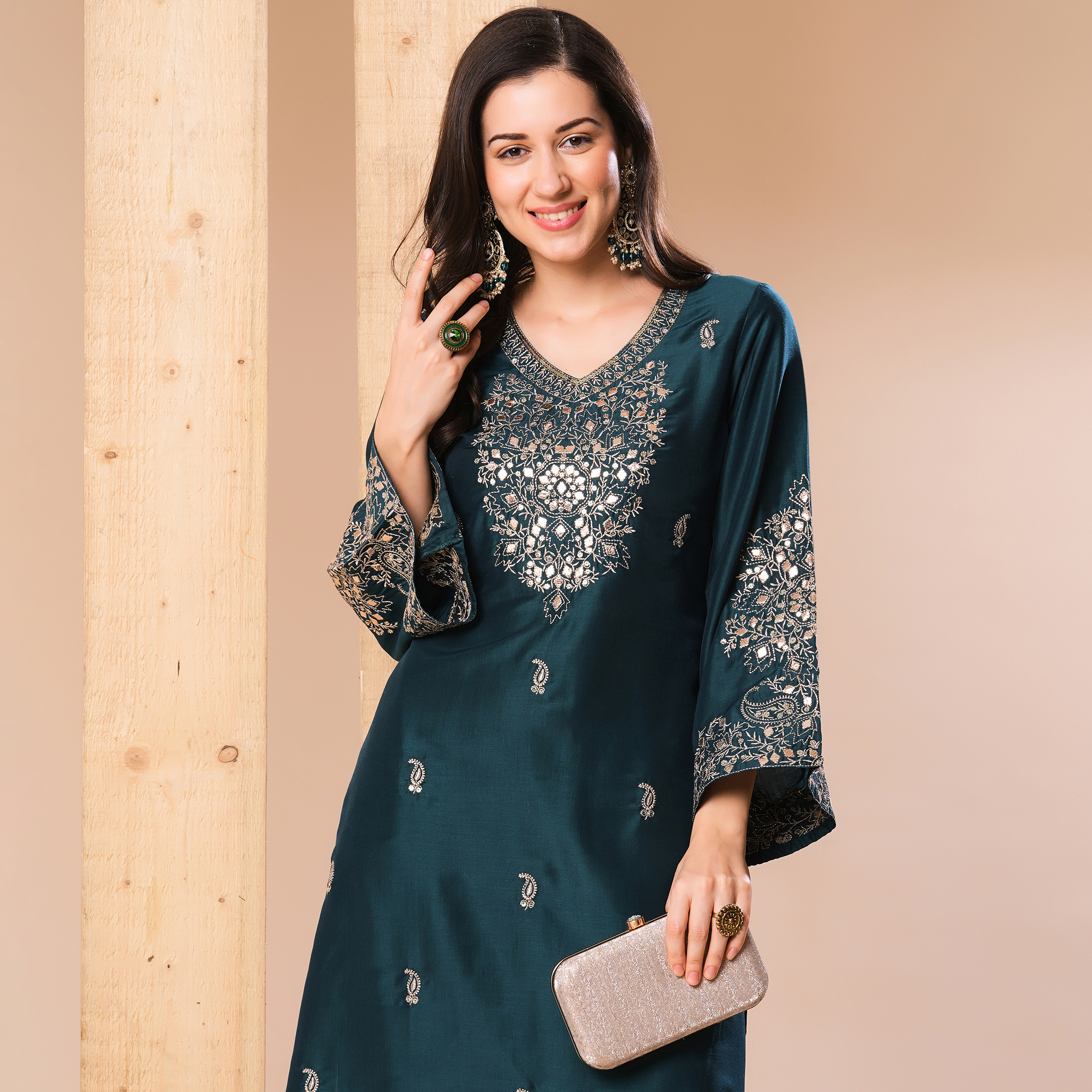 Globus Women Teal Allover Embroidered A-Line Kurta With Pants