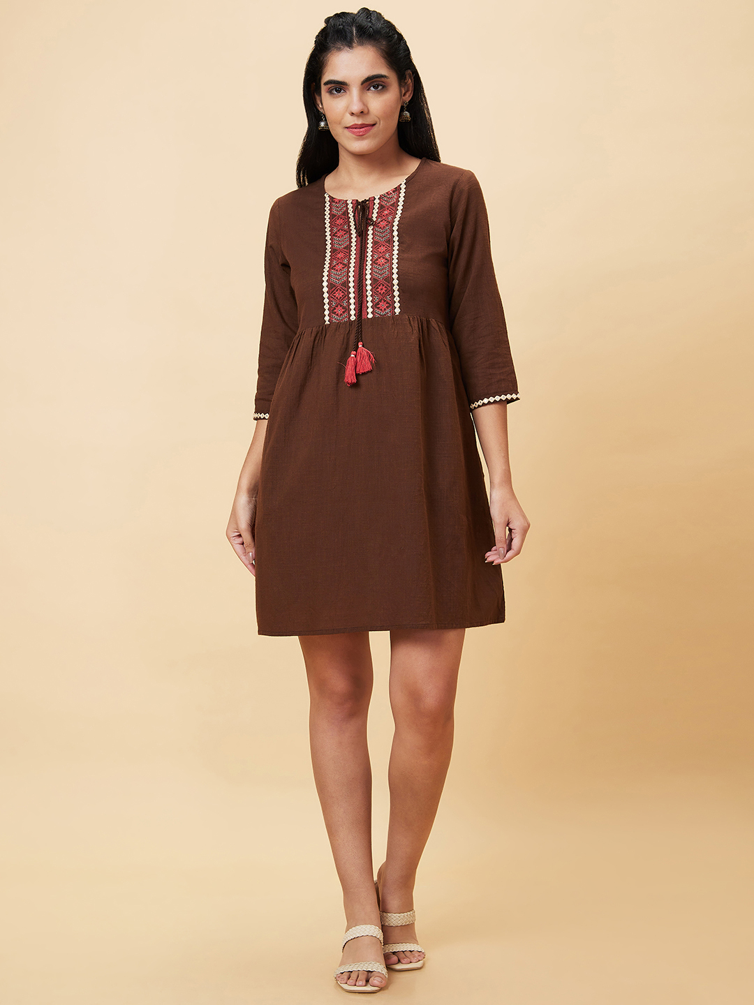 Globus Women Brown Solid A-Line Casual Dress