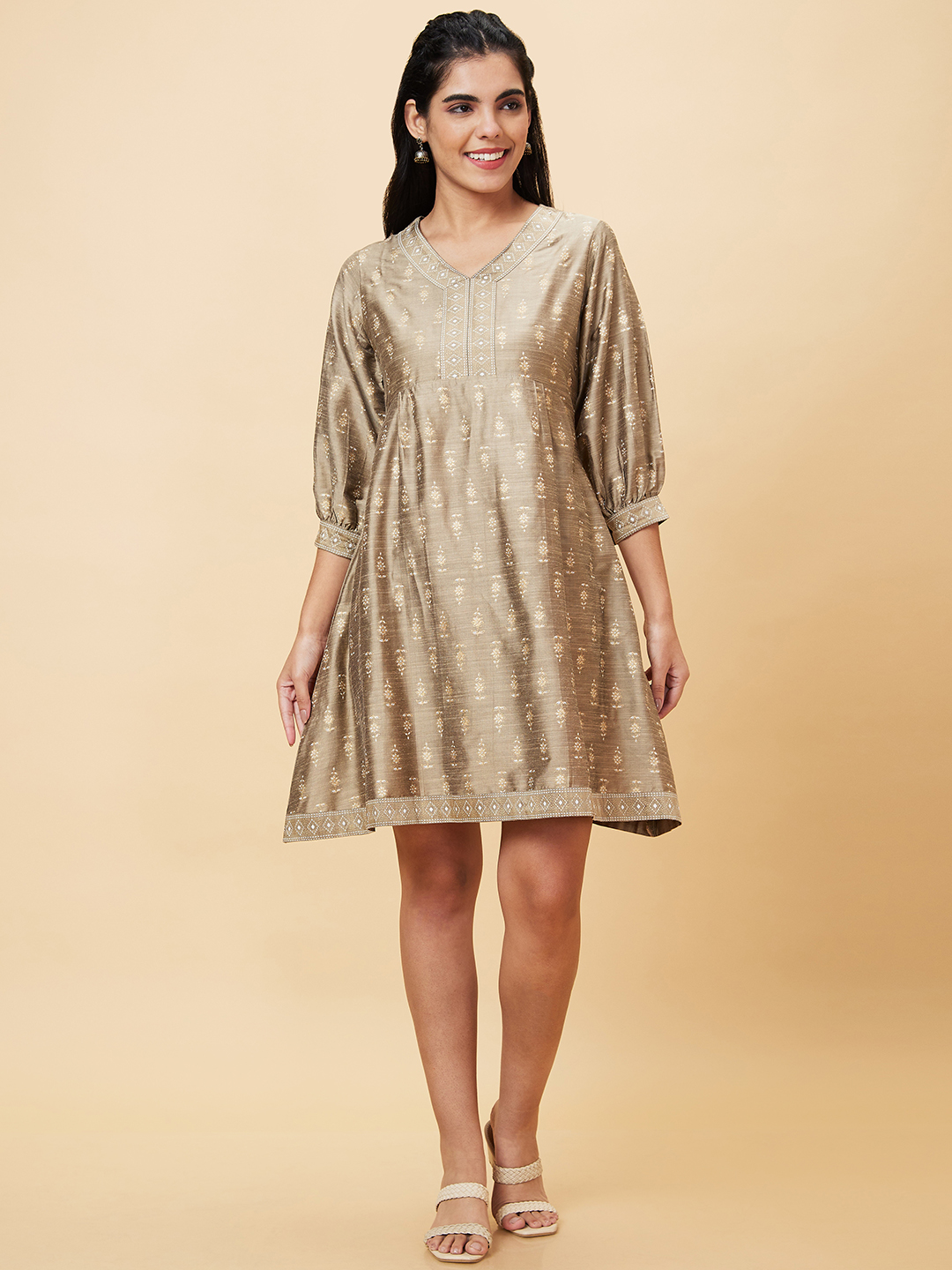 Globus Women Taupe Printed A-Line Casual Dress