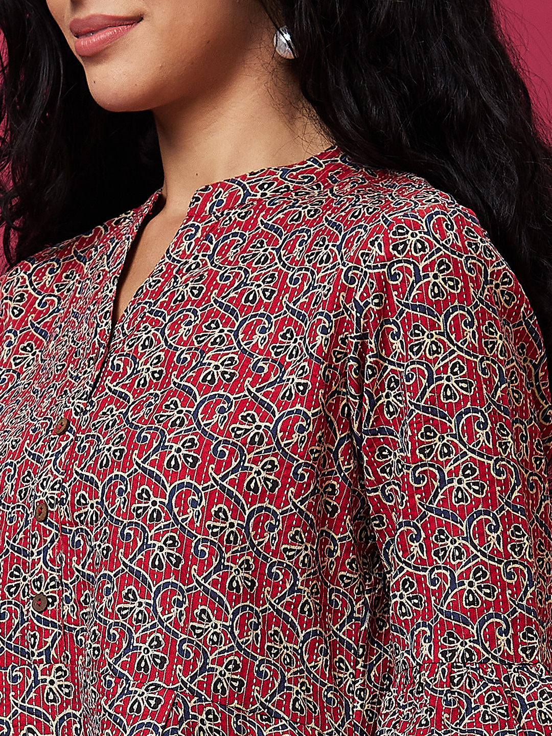 Globus Women Red Allover Ethnic Motifs Print Mandarin Collar A-Line Dress