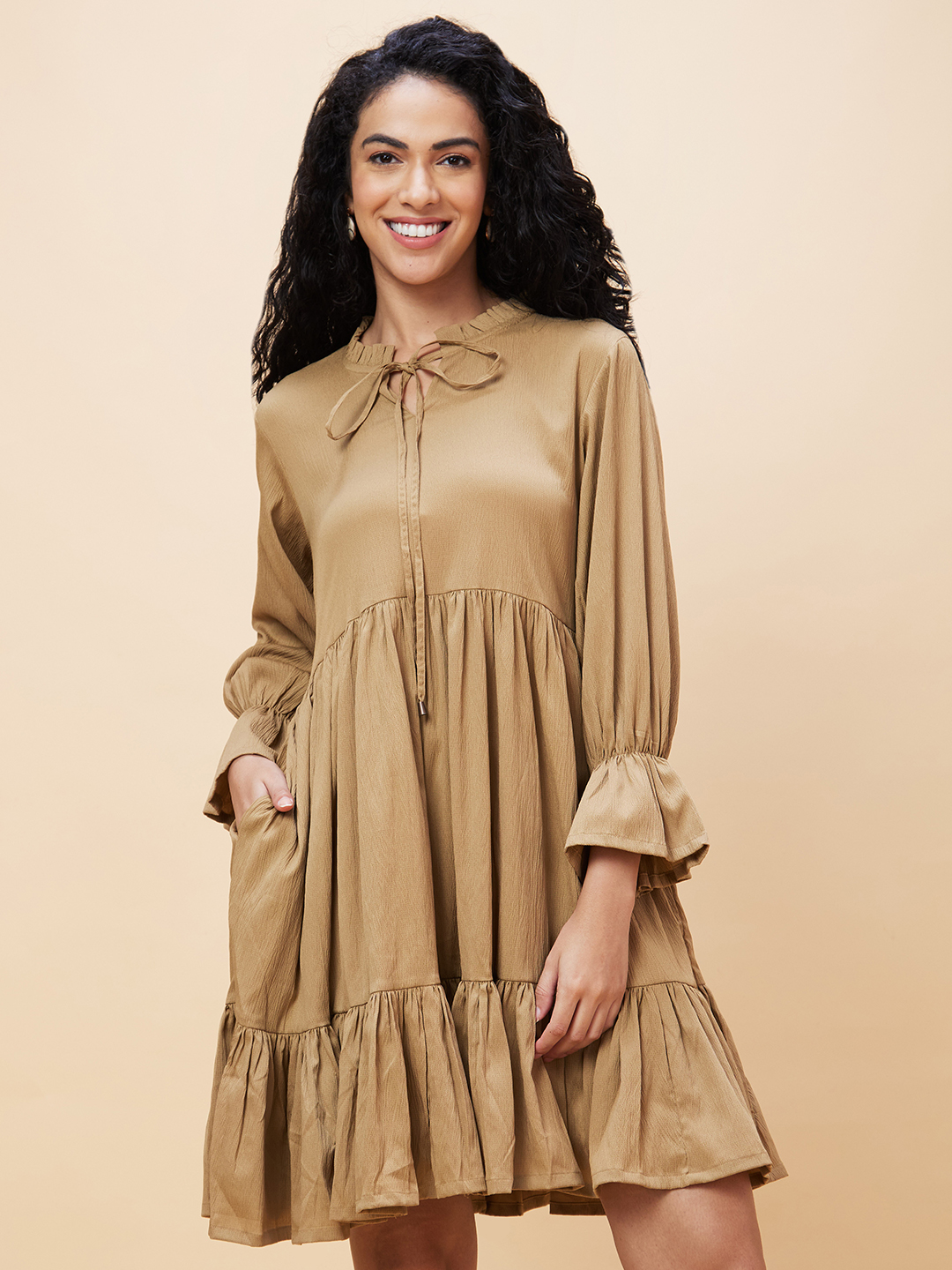 Globus Women Nude Solid Tie-Up Frilled Neck Casual A-Line Tiered Dress