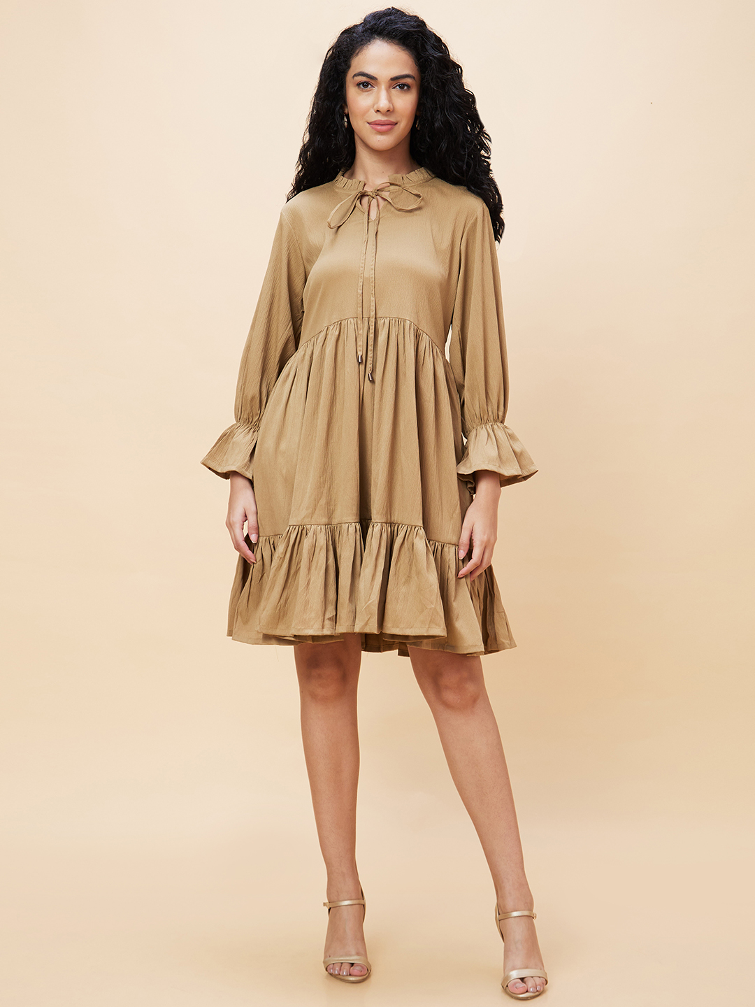 Globus Women Nude Solid Tie-Up Frilled Neck Casual A-Line Tiered Dress