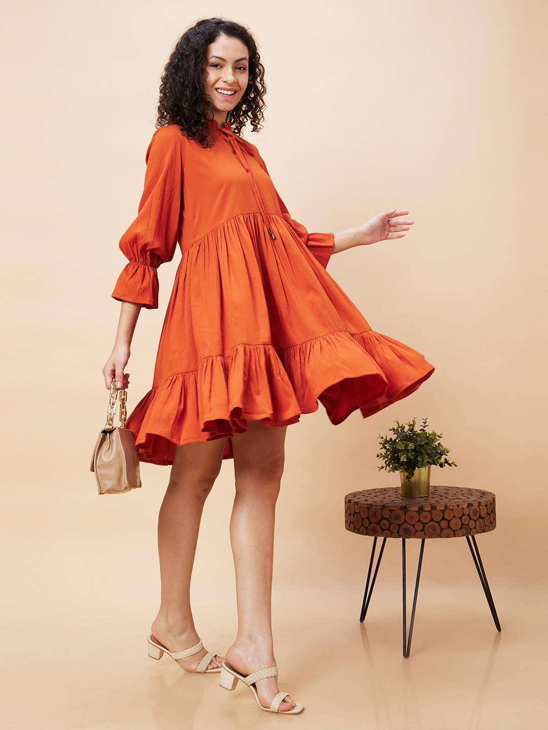 Globus Women Rust Solid Tie-Up Neck Casual Tiered A-Line Dress