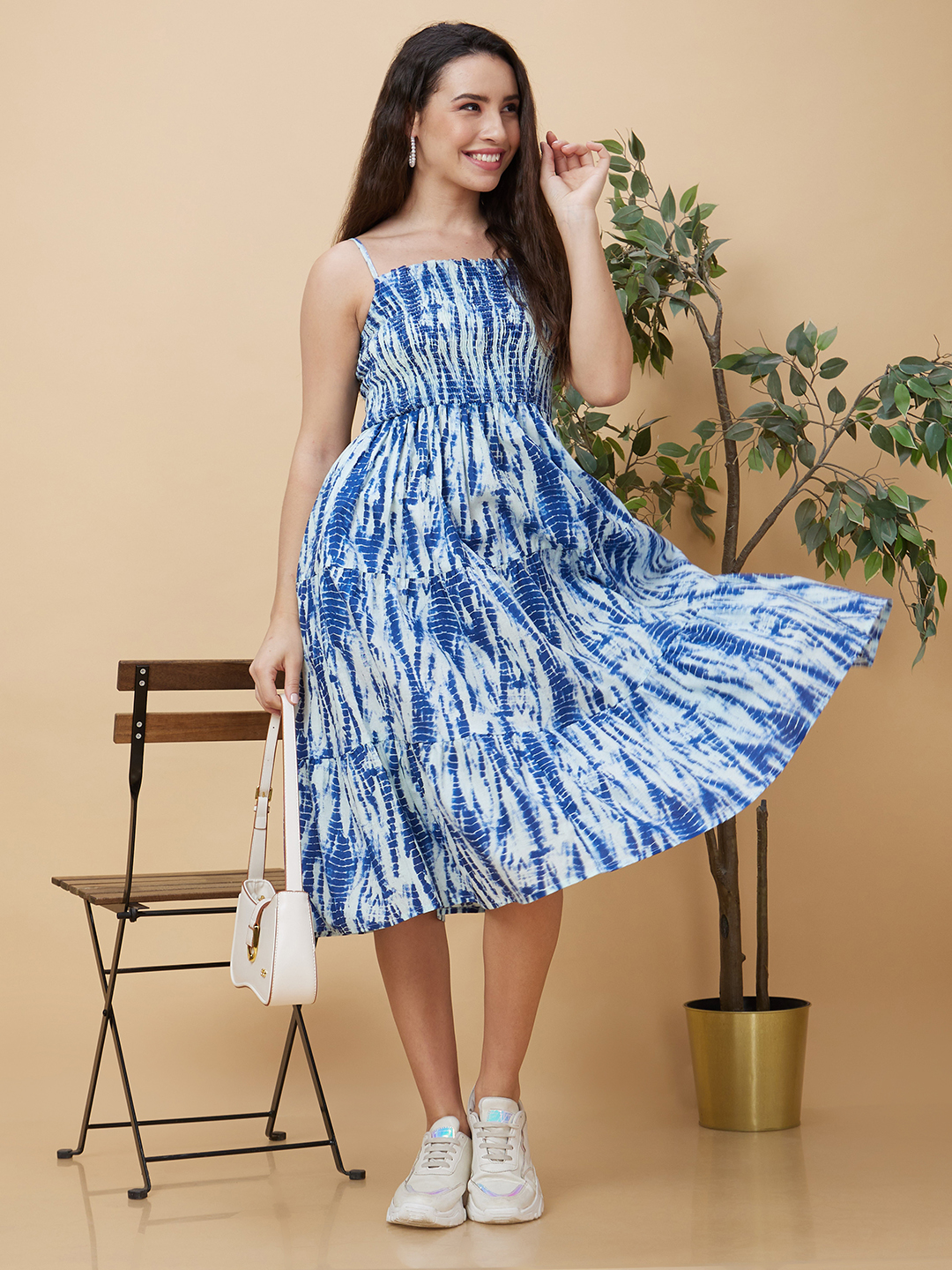 Globus Women Blue Tie-Dye Smocked Square Neck Casual Strappy Midi Fit And Flare Tiered Dress