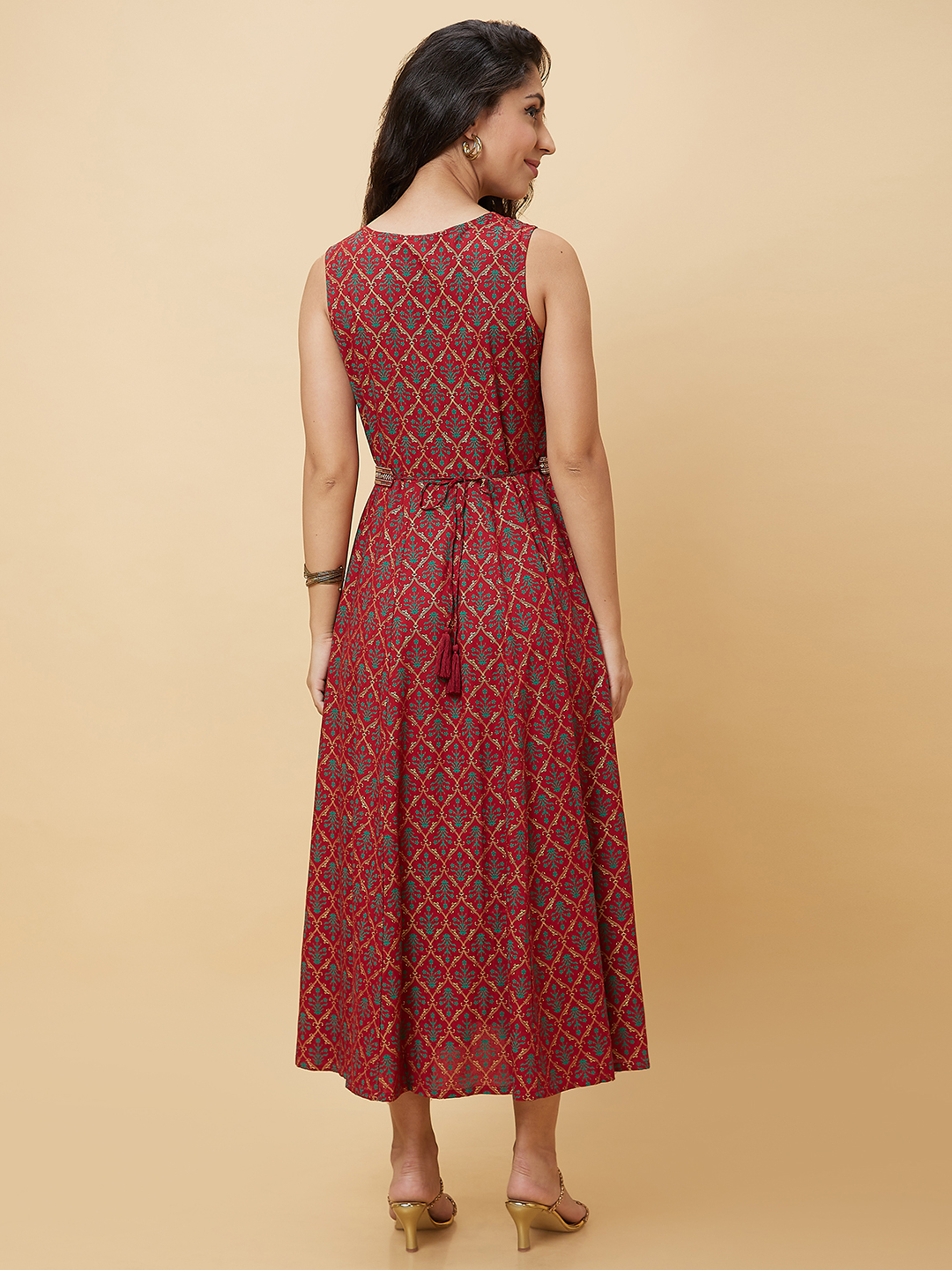 Globus Women Maroon Ethnic Motifs Print With Embroidered Belt A-Line Maxi Dress