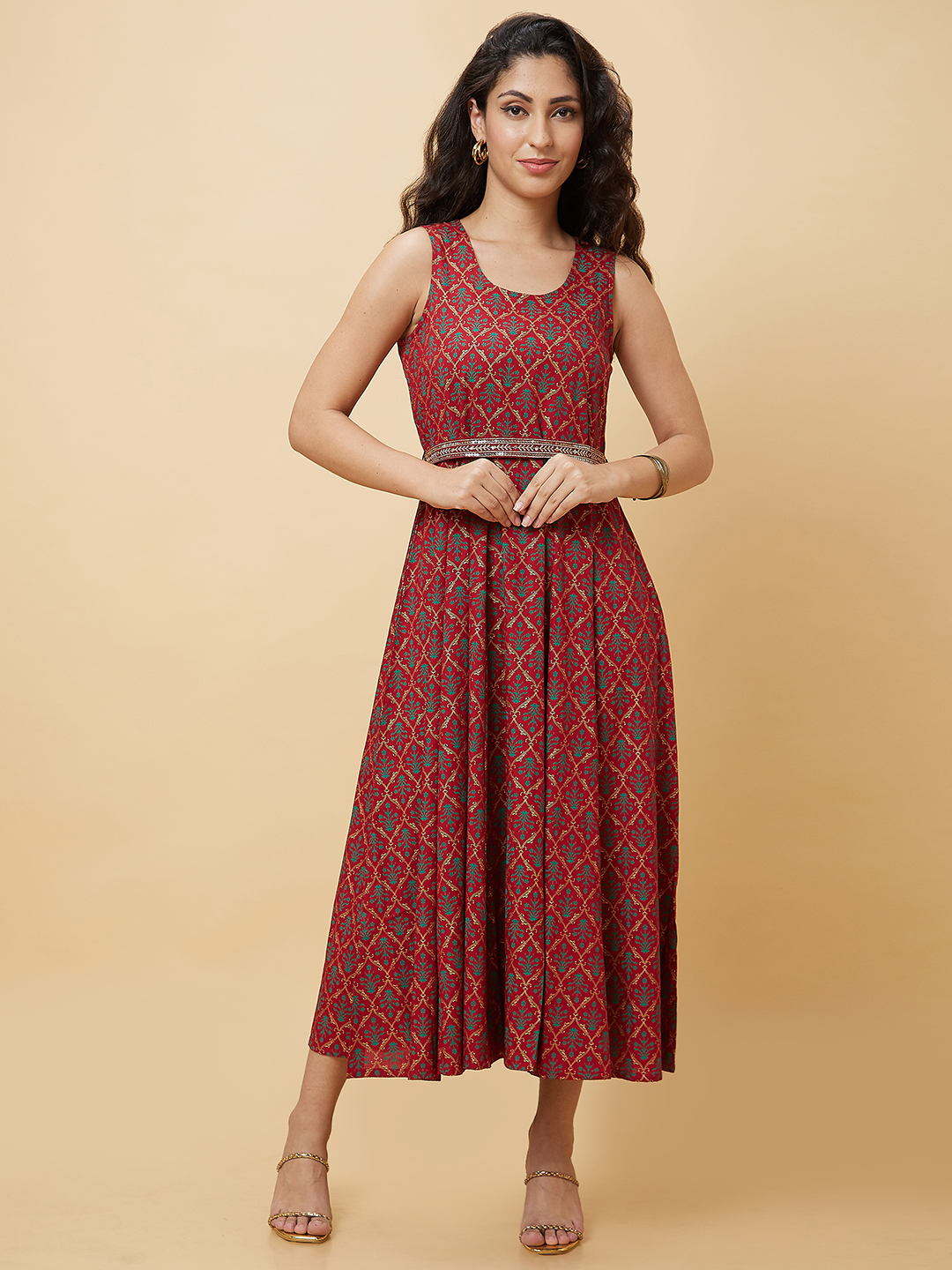 Globus Women Maroon Ethnic Motifs Print With Embroidered Belt A-Line Maxi Dress