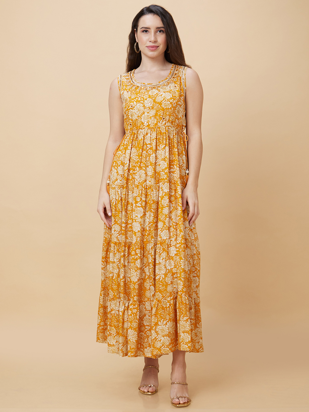 Globus Women Mustard Floral Print Round Neck Sleeveless Casual Maxi A-Line Tiered Dress with Dori And Tassel Detail