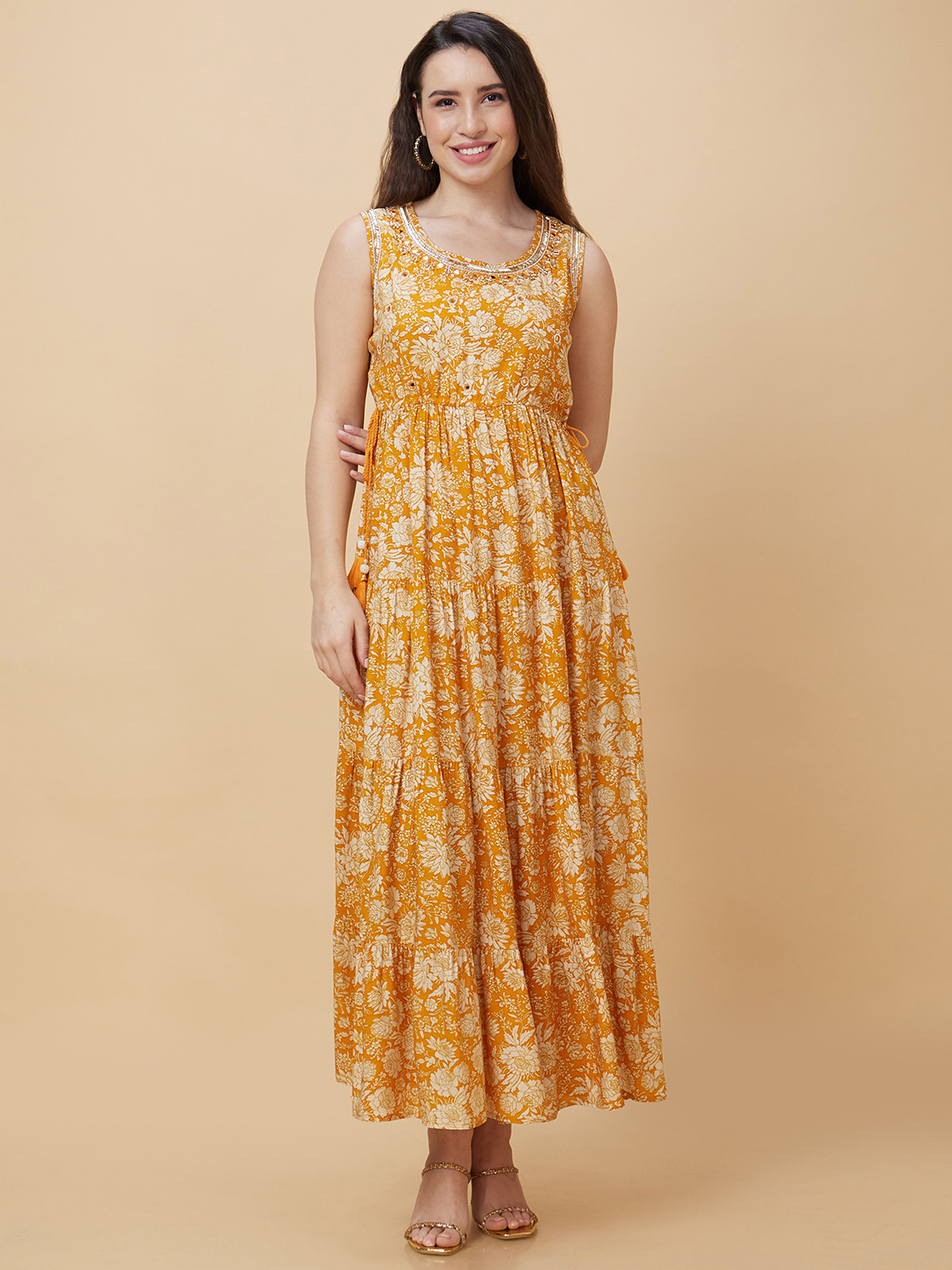 Globus Women Mustard Floral Print Round Neck Sleeveless Casual Maxi A-Line Tiered Dress with Dori And Tassel Detail