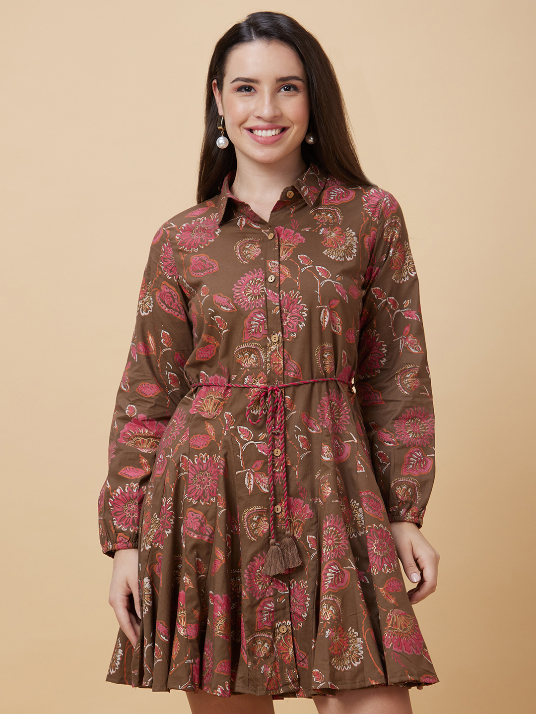 Globus Women Brown Floral Print Shirt Collar Casual Godet A-Line Belted Dress