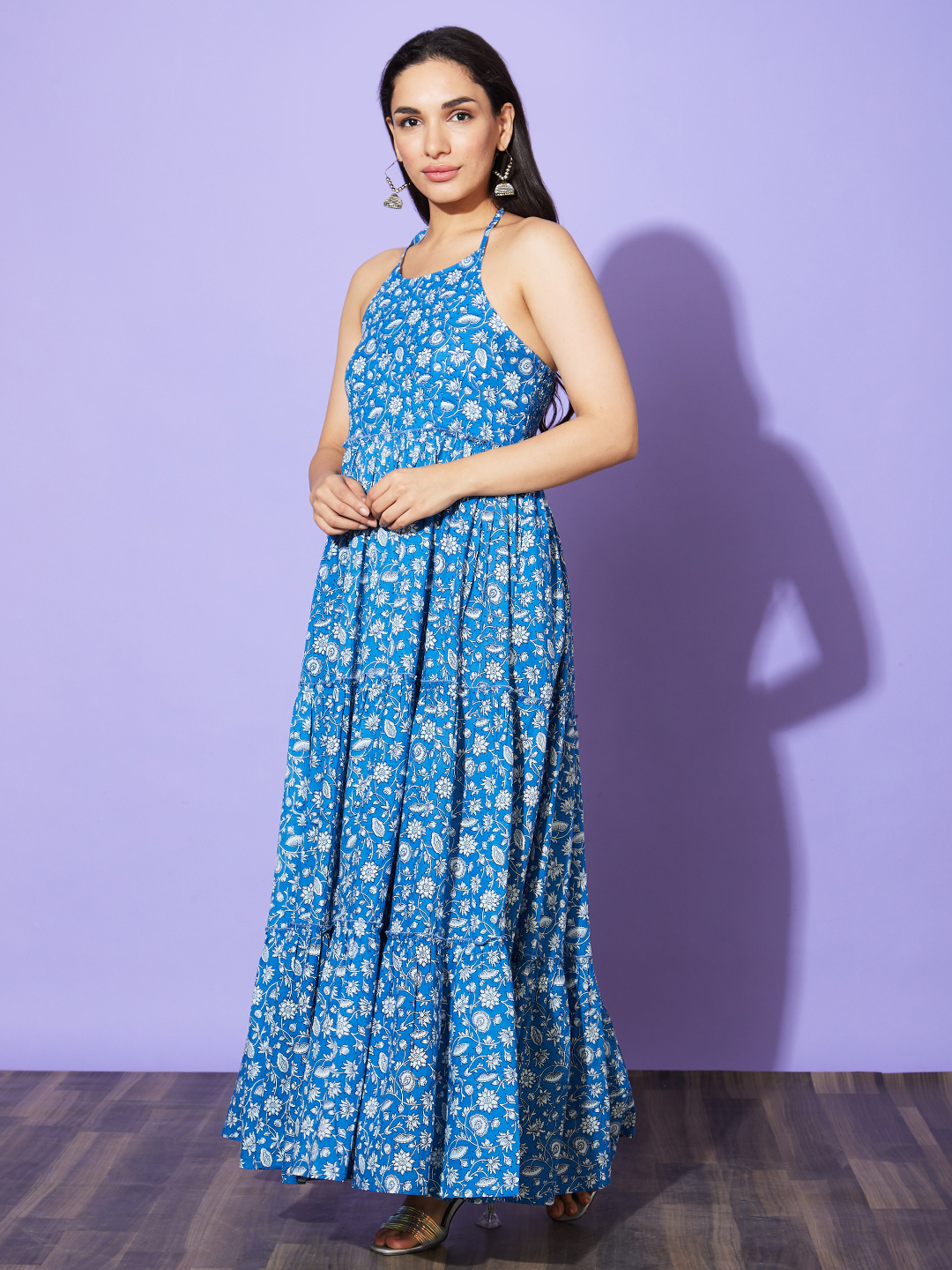 Globus Women Blue Floral Print Halter Neck Cotton A-Line Casual Dress