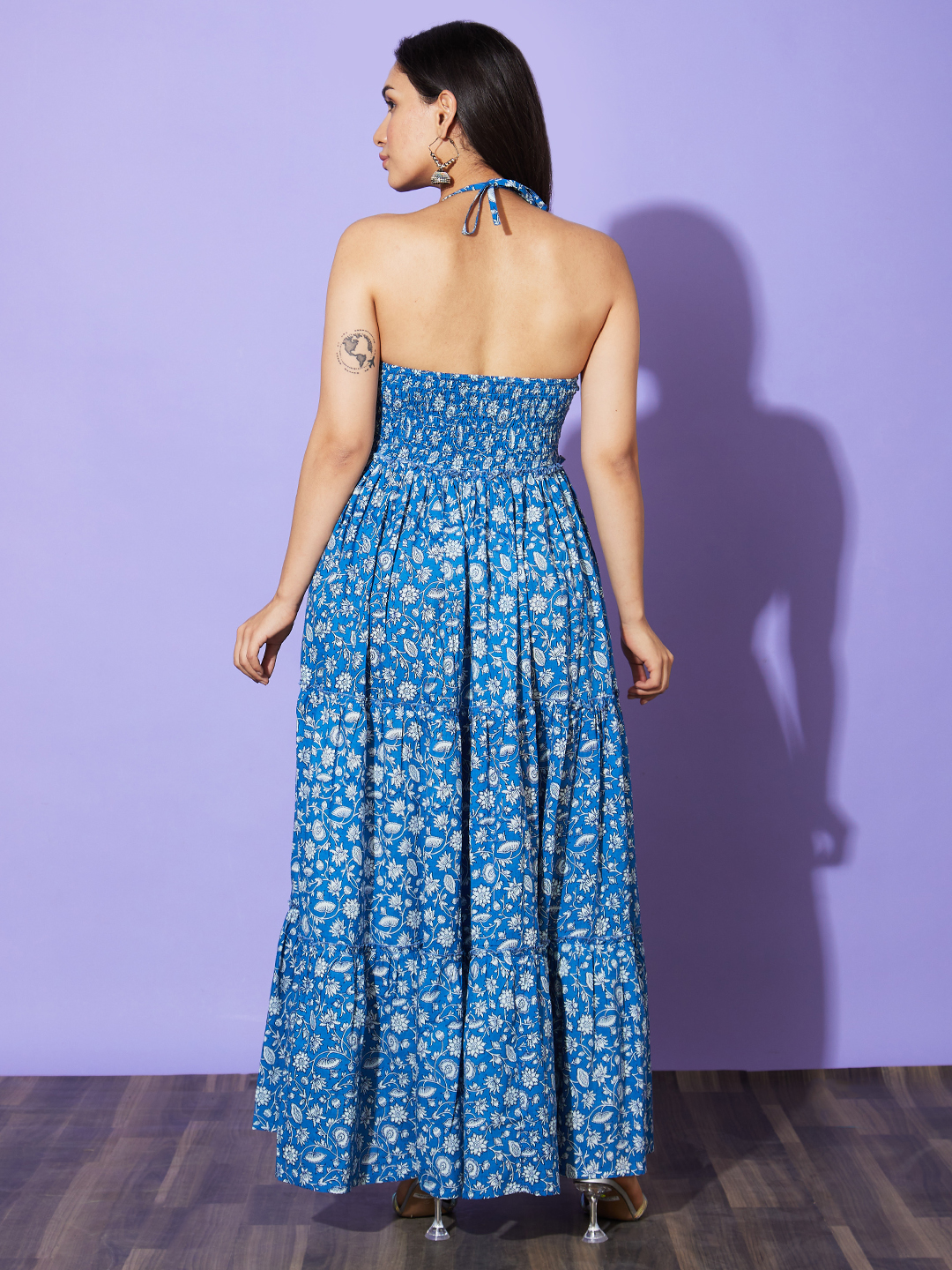 Globus Women Blue Floral Print Halter Neck Cotton A-Line Casual Dress