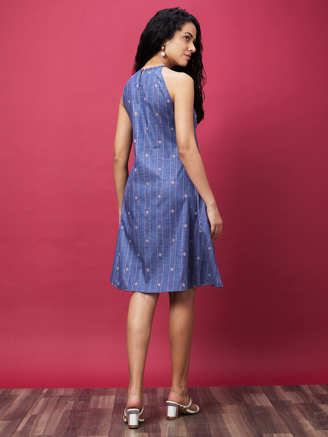 Globus Women Blue Self Design Causal Halter Neck A-Line Ethnic Dress