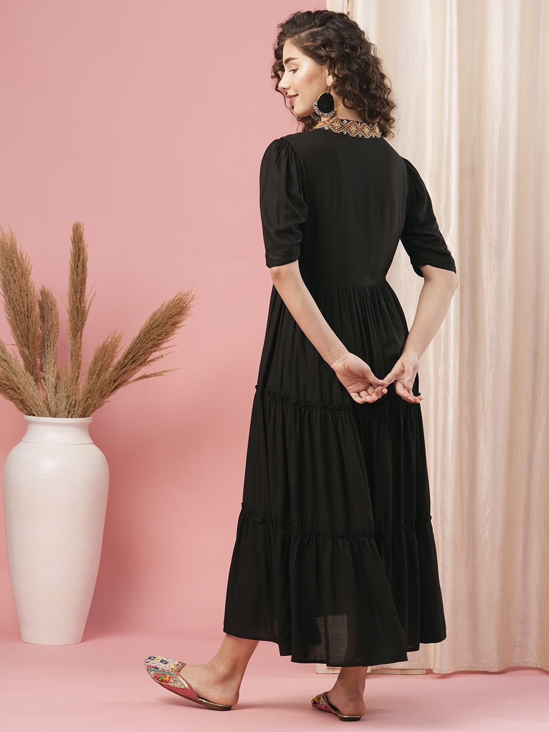 Globus Women Black V-Neck Embroidered Yoke Tiered Flared A-Line Dress