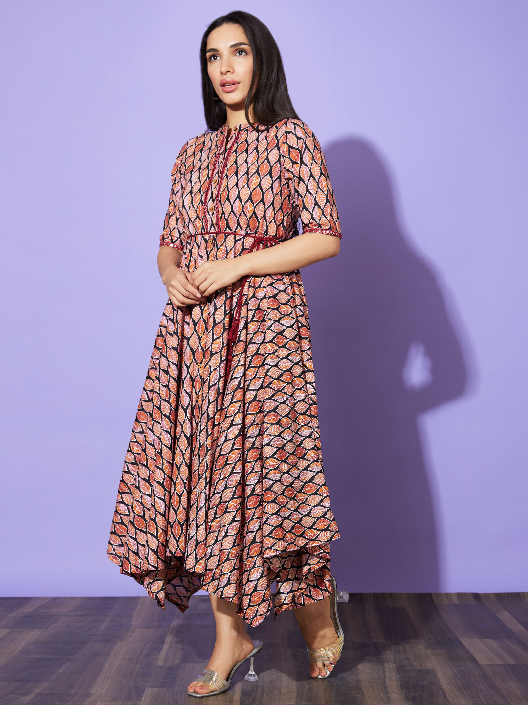 Globus Women Multicolour Ethnic Motifs Mandarin Collar Short Sleeves Cotton A-Line Casual Dress