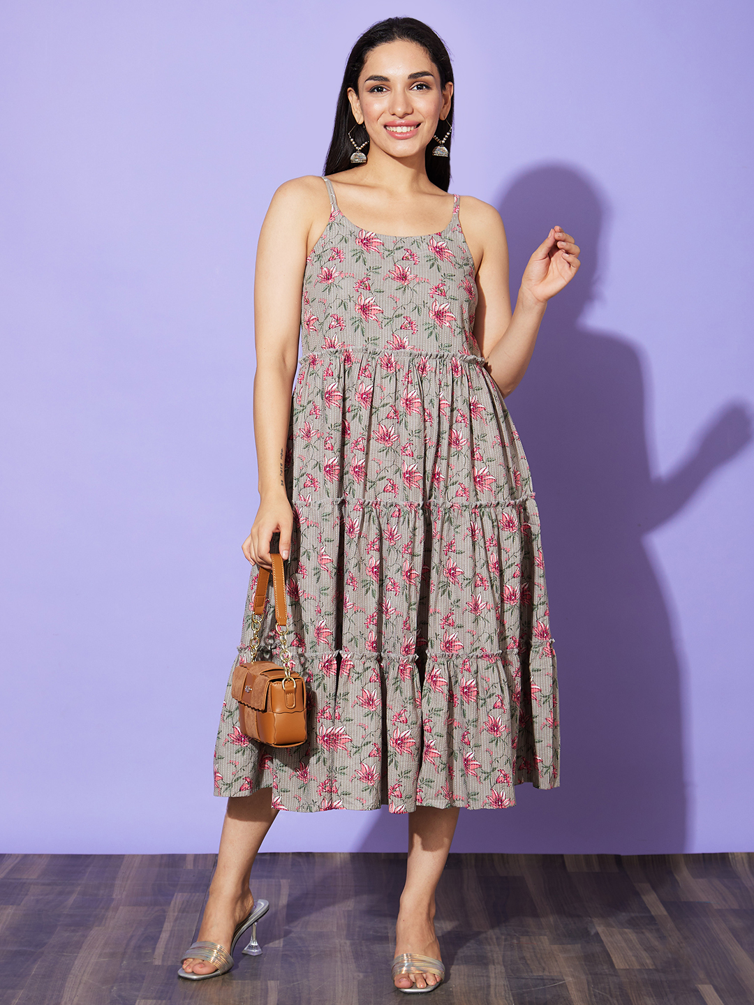 Globus Women Taupe Floral Print Shoulder Straps Cotton A-Line Casual Dress