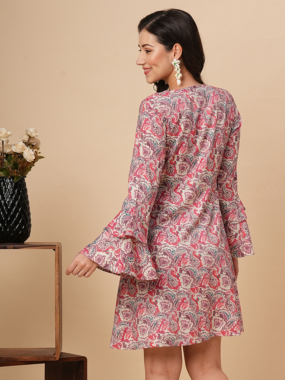 Globus Women Pink Overlapped-V Neck Allover Printed Paisley Floral A-Line Dress