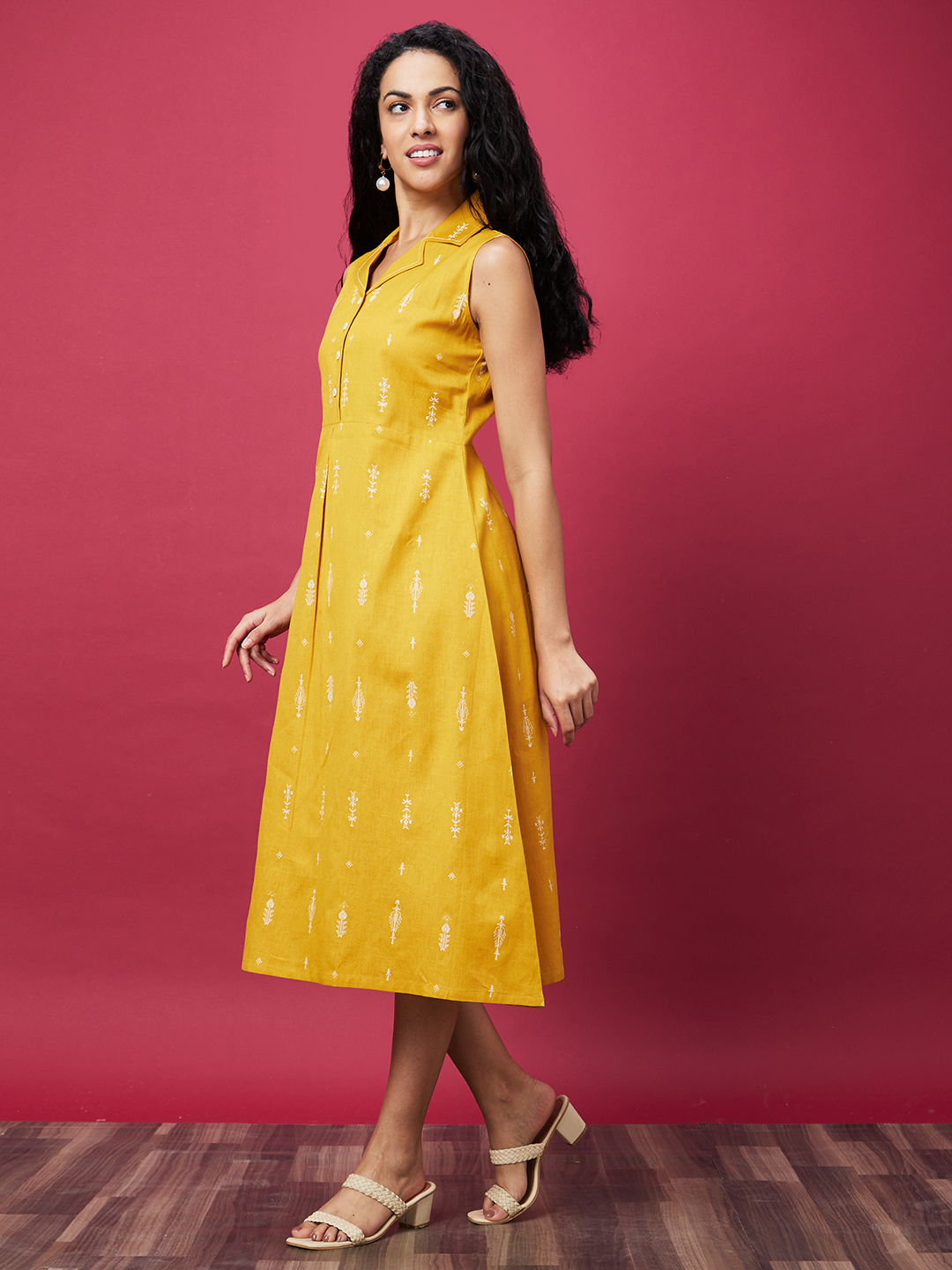 Globus Women Yellow Printed Causal Shirt Collar A-Line Ethnic Dress