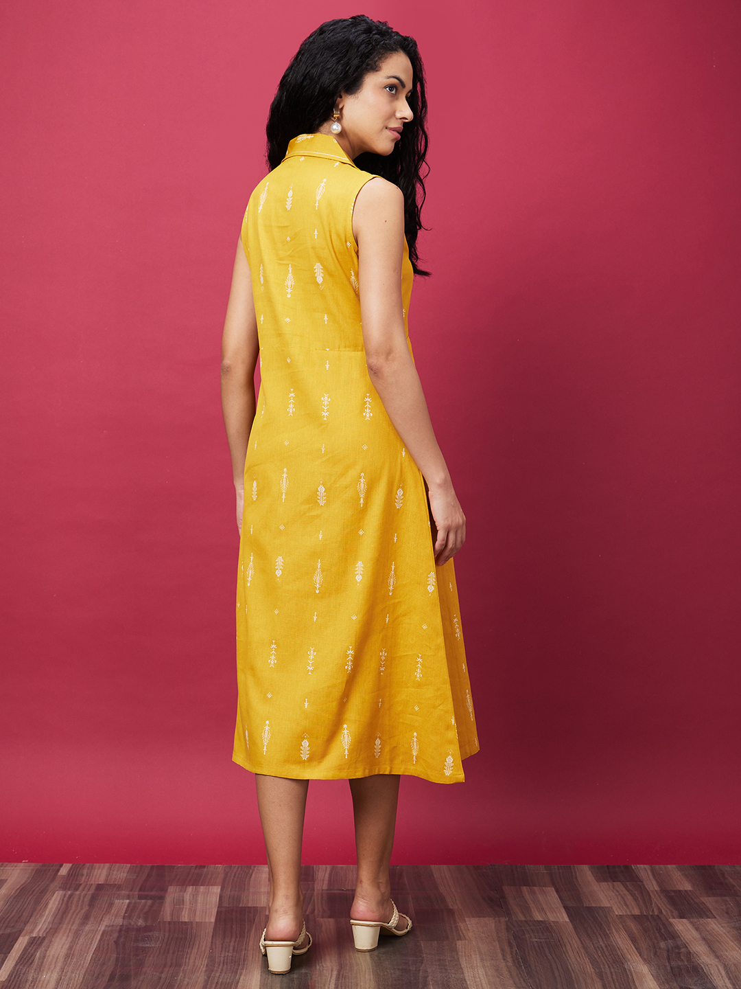 Globus Women Yellow Printed Causal Shirt Collar A-Line Ethnic Dress