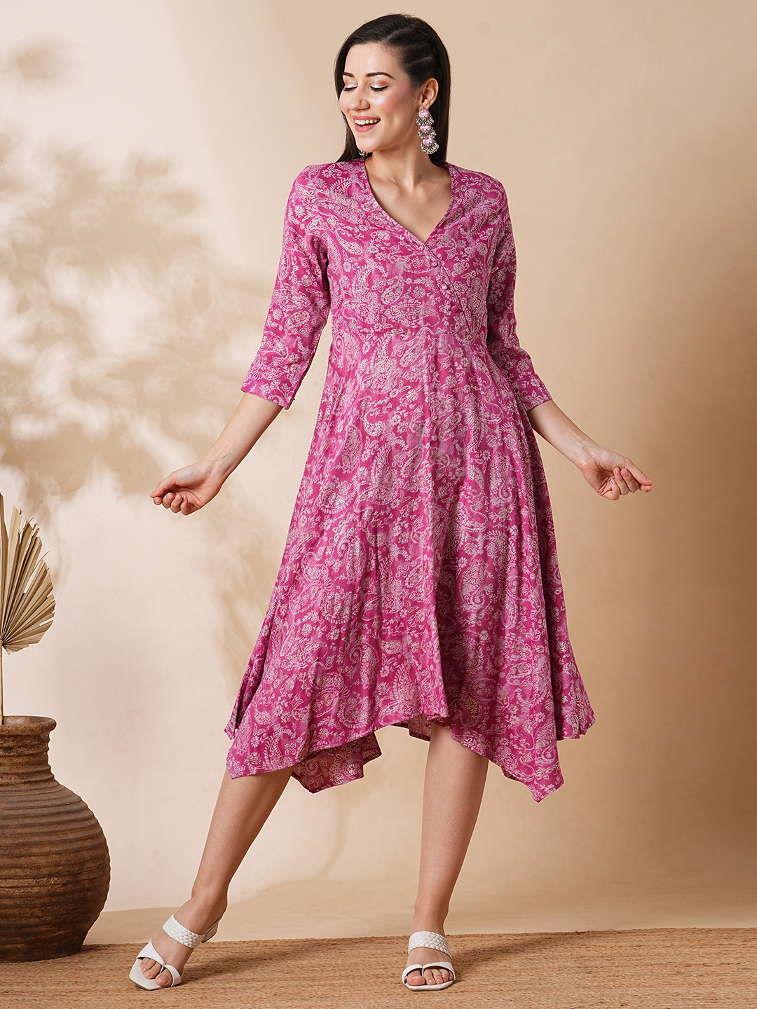 Globus Women Pink Allover Printed A-Line Asymmetric Midi Dress