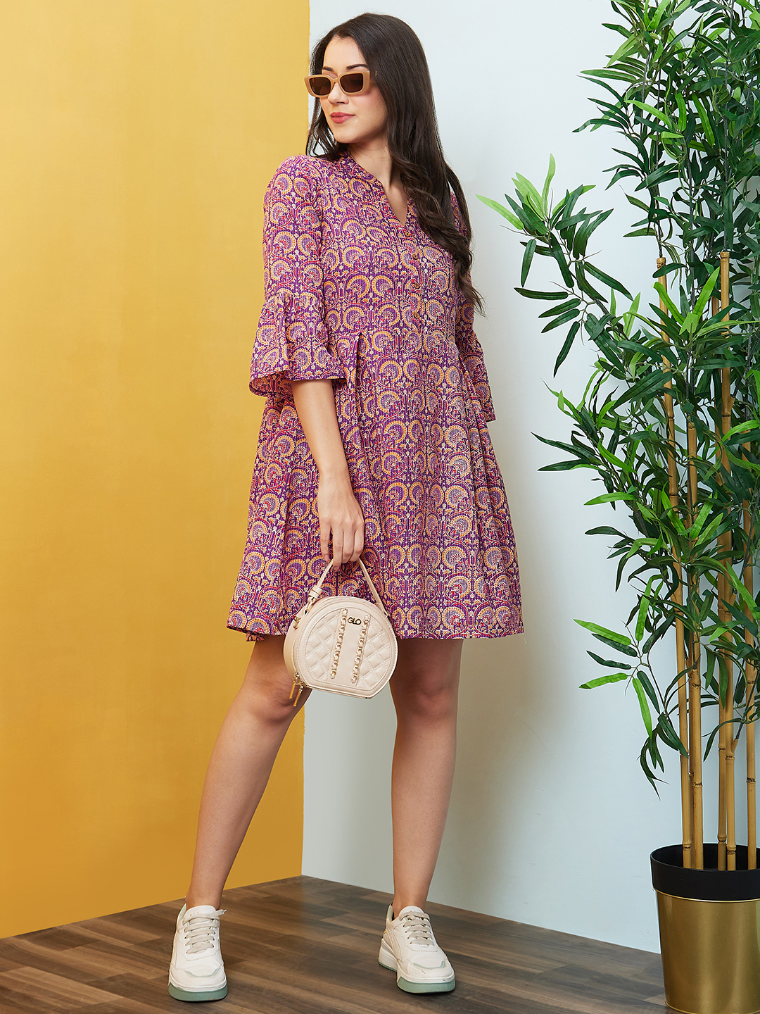 Globus Women Purple Floral Print Mandarin Collar Flared A-Line Dress