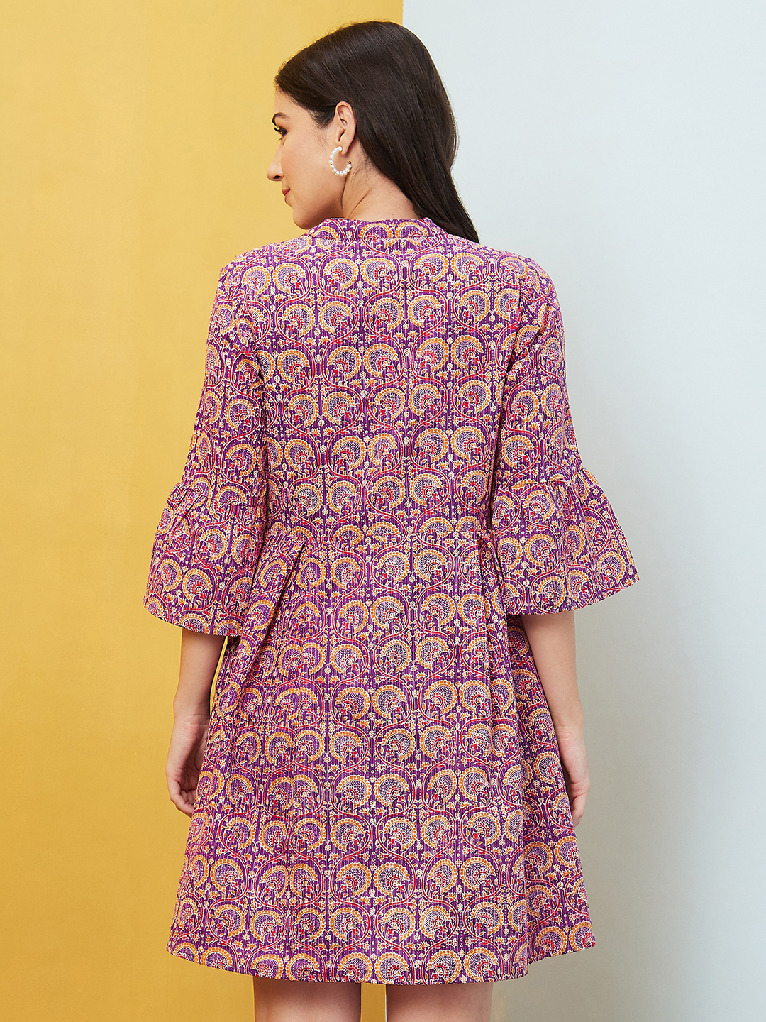 Globus Women Purple Floral Print Mandarin Collar Flared A-Line Dress