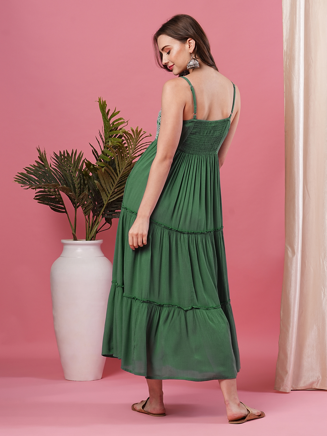 Globus Women Green Strappy Embroidered Yoke Flared Tiered A-Line Midi Dress
