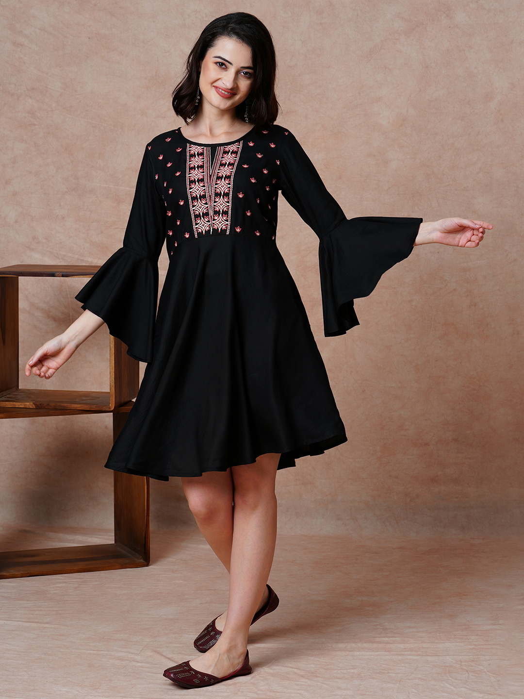Globus Women Black Embroidered Yoke Bell Sleeves A-Line Dress