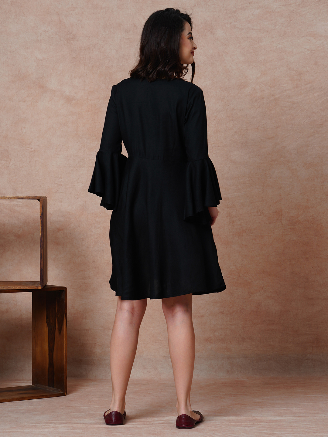 Globus Women Black Embroidered Yoke Bell Sleeves A-Line Dress