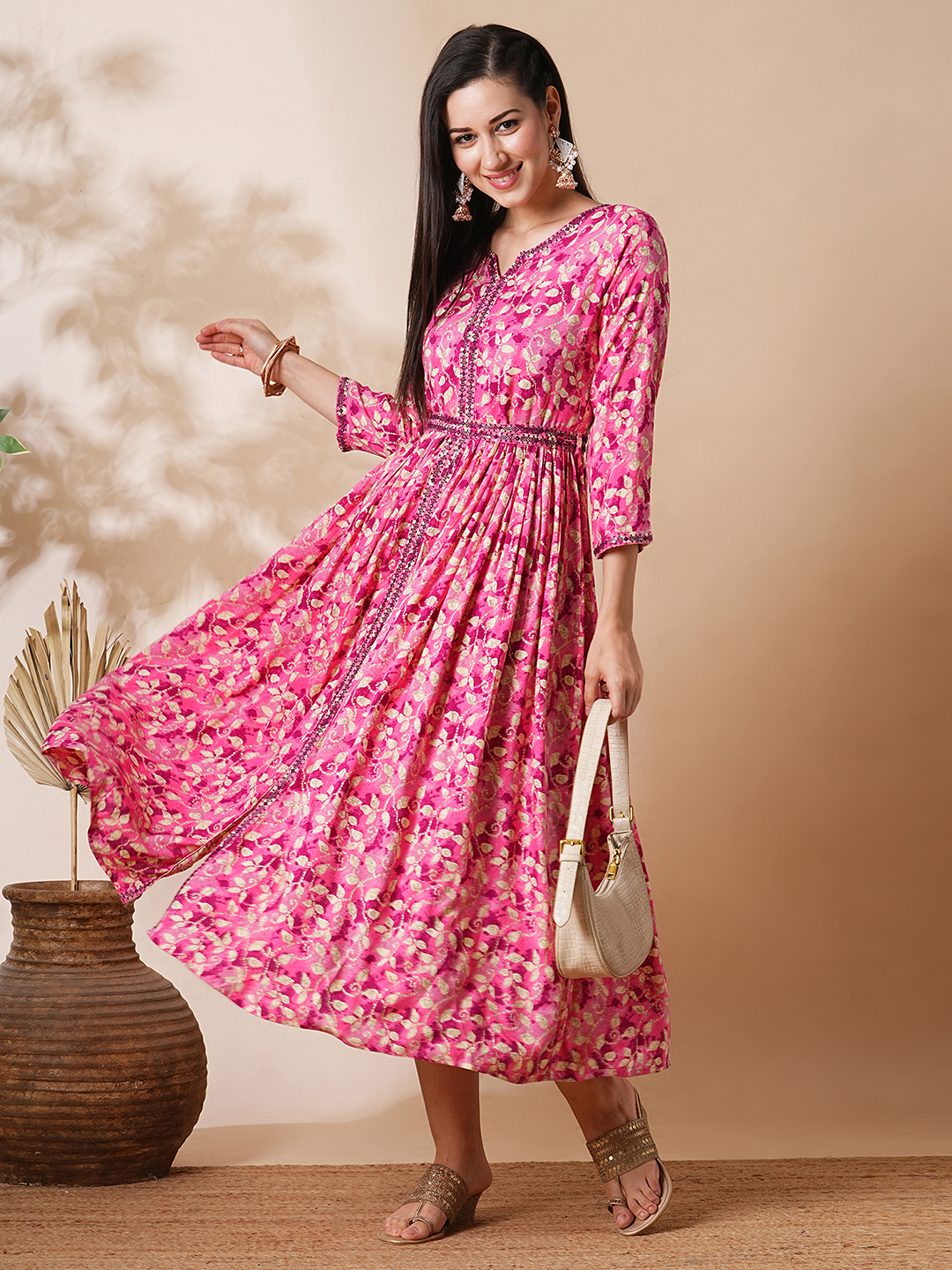 Globus Women Pink Embroidered Neckline Floral Print Front Slit A-Line Midi Dress With Belt